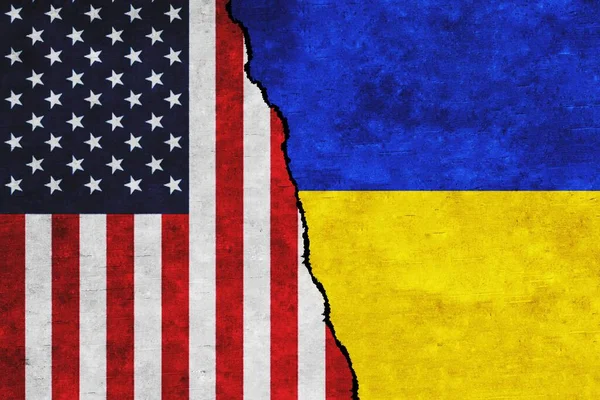 Usa Ukrajna Zászlókat Festett Falra Egy Repedéssel Ukrajna Amerikai Egyesült — Stock Fotó