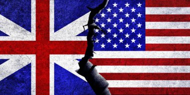 ABD ve Birleşik Krallık bayrakları birlikte. İngiltere ve Amerika Birleşik Devletleri ilişkileri. ABD İngiltere 'ye karşı