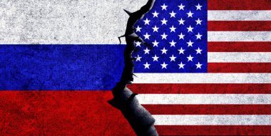 ABD ve Rusya birlikte bayraklar. Rusya ve Amerika Birleşik Devletleri ilişkileri, çatışma, savaş krizi, ekonomi konsepti. ABD - Rusya