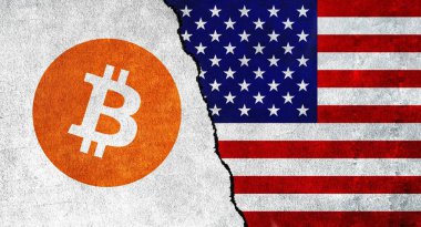 Bitcoin and USA flag on a wall with a crack. Cryptocurrency with USA flag. United States of America Bitcoin banned, not legal, stack, illegal, blockchain technology for crypto currency concept