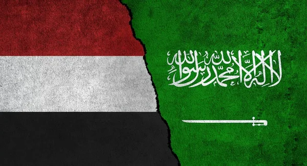 Jemen Och Saudiarabien Flagga Tillsammans Strukturerad Vägg Förbindelserna Mellan Saudiarabien — Stockfoto
