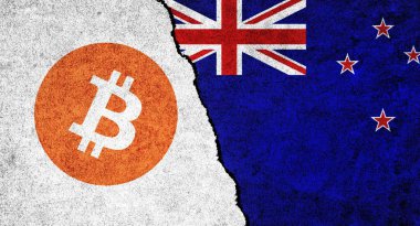 Yeni Zelanda ve Bitcoin sembolü birlikte. Yeni Zelanda 'da kripto para birimi. Bitcoin ve Yeni Zelanda arasındaki ilişkiler