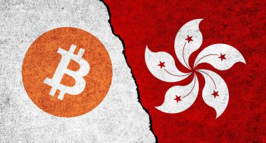 Hong Kong ve Bitcoin sembolü birlikte. Hong Kong 'daki Kripto Para Birimi. Bitcoin ve Hong Kong arasındaki ilişkiler