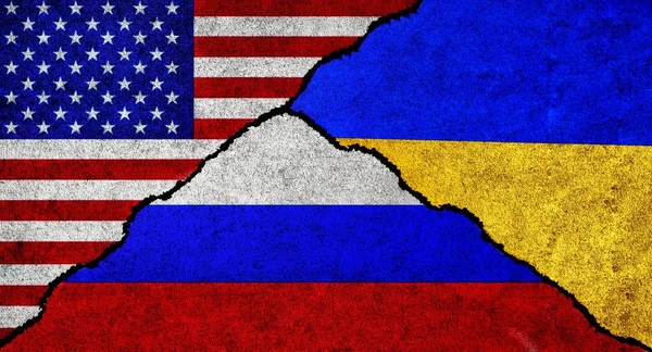 USA, Russia and Ukraine flag together on a textured wall. Diplomatic relations between Russia, Ukraine and United States of America