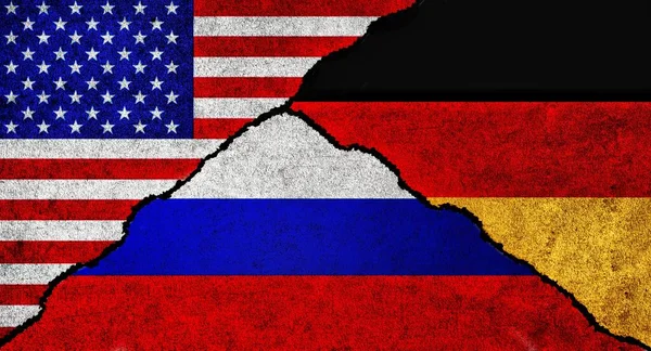 USA, Russia and Germany flag together on a textured wall. Diplomatic relations between Russia, Germany and United States of America