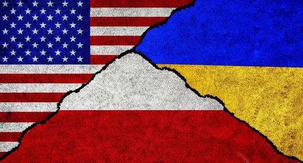 Сша Польша Украина Вместе Флагутся Текстурированной Стене Дипломатические Отношения Между — стоковое фото