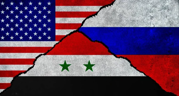 USA, Russia and Syria flag together on a textured wall. Relations between Russia, Syria and United States of America