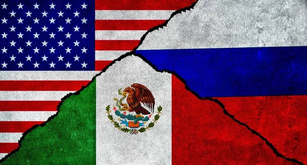 Usa Russia Mexico Flag Together Textured Wall Relations Russia Mexico — Stock Photo, Image