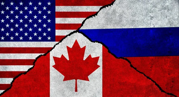 USA, Russia and Canada flag together on a textured wall. Relations between Russia, Canada and United States of America