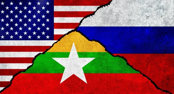 러시아 미얀마는 깃발을 그린다 러시아 미얀마 미국의 — 스톡 사진