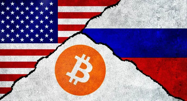 Bandera Rusia Bitcoin Símbolo Juntos Una Pared Texturizada Rusia Conflicto —  Fotos de Stock