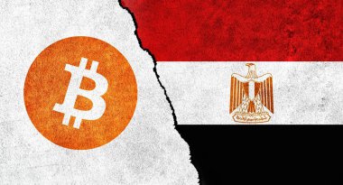 Bitcoin and Egypt flag on a wall with a crack. Egypt Bitcoin banned, not legal, stack, illegal, blockchain technology for crypto currency concept