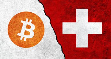 İsviçre ve Bitcoin sembolü birlikte. İsviçre 'deki Kripto Para Birimi. Bitcoin ve İsviçre arasındaki ilişkiler