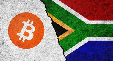 Güney Afrika ve Bitcoin sembolü birlikte. Güney Afrika 'da kripto para birimi. Bitcoin ve Güney Afrika arasındaki ilişkiler