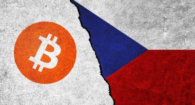 Çek Cumhuriyeti ve Bitcoin sembolü birlikte. Çek Cumhuriyeti 'nde şifreli para birimi. Bitcoin ve Çek Cumhuriyeti arasındaki ilişkiler