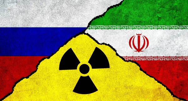 Russia, Iran, radiation symbol. Iran, Russia and Nuclear weapon concept