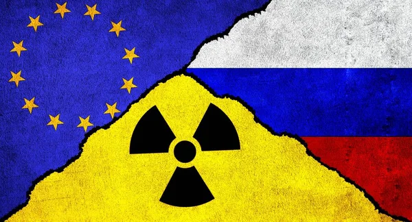 Russia, EU, radiation symbol. EU, Russia and Nuclear weapon concept