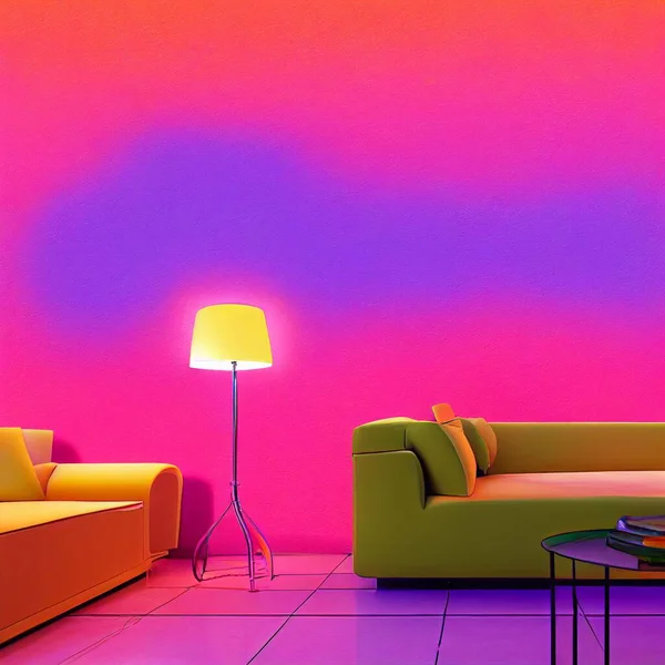 Interior retro home design neon wallpaper . High quality illustration