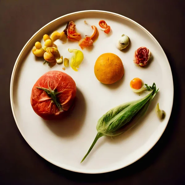Food on plate on black background, flatlay . High quality illustration