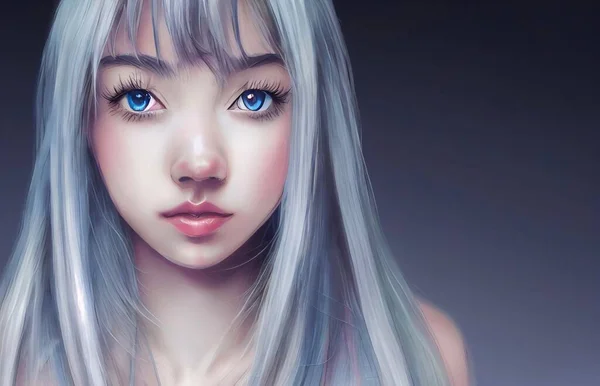 beautiful anime girl face with big blue eyes . High quality illustration