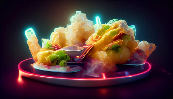 cyberpunk food futuristic tempura , japanese food, neon light on isolated black background. High quality illustration