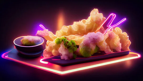 cyberpunk food futuristic tempura , japanese food, neon light on isolated black background. High quality illustration