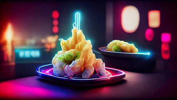 cyberpunk food futuristic tempura , japanese food, neon light on isolated black background. High quality illustration