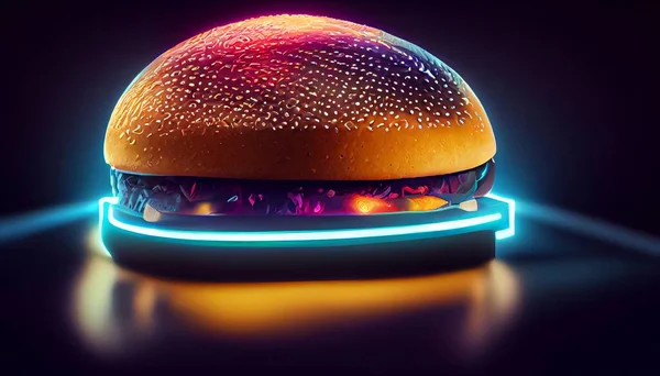 cyberpunk food, futuristic hamburger, neon light on isolated black background . High quality illustration