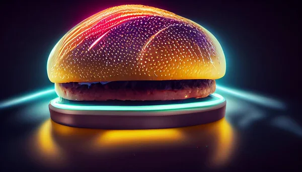 cyberpunk food, futuristic hamburger, neon light on isolated black background . High quality illustration