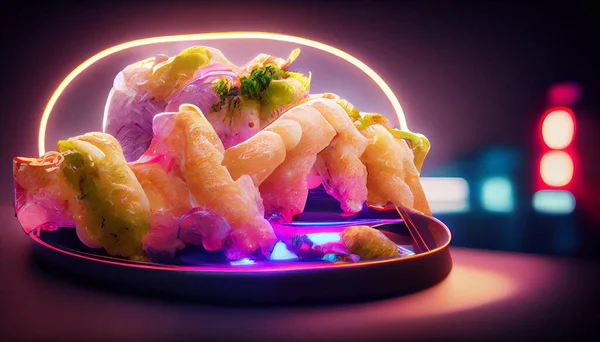 cyberpunk food futuristic tempura , japanese food, neon light on isolated black background. High quality illustration