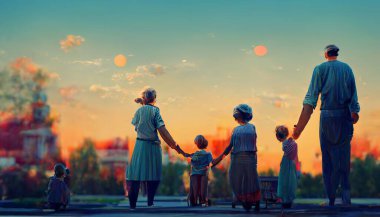 soviet family workers on sunset. High quality illustration