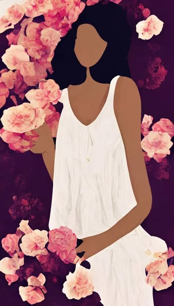 Afro american female lady in white dress on black background . High quality illustration