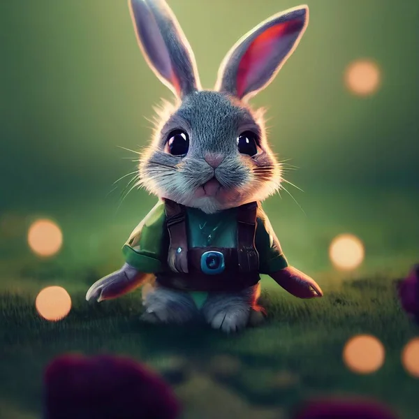 Little cute bunny adventurer in fantasy plant clothes . High quality illustration