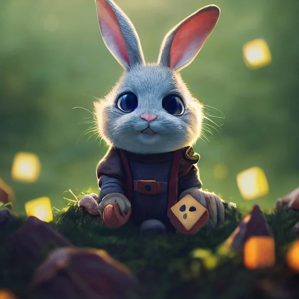 Little Cute Bunny Adventurer Fantasy Plant Clothes High Quality Illustration — Zdjęcie stockowe