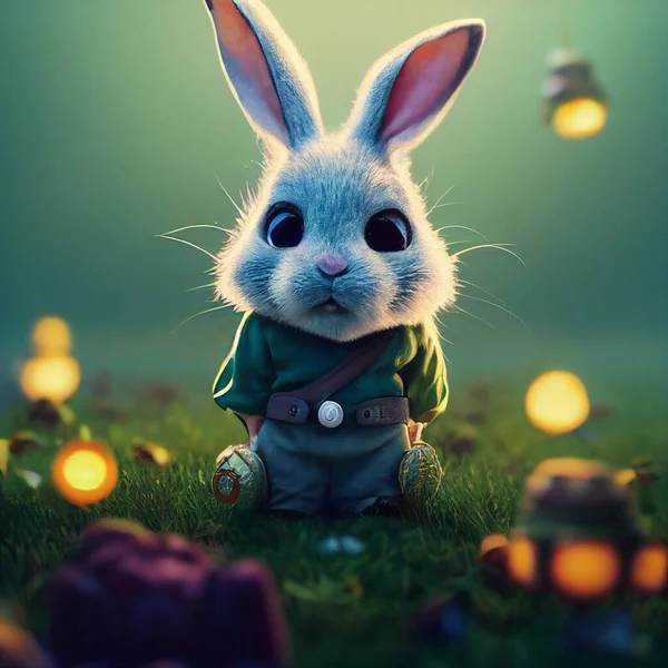 Little cute bunny adventurer in fantasy plant clothes . High quality illustration