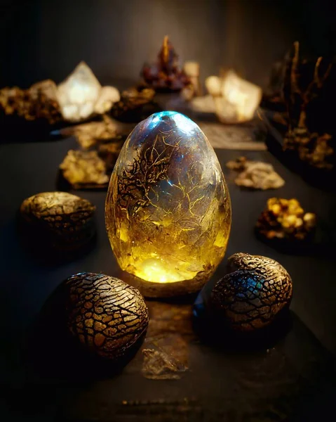 crystal dragon egg covered in golden runes. High quality illustration