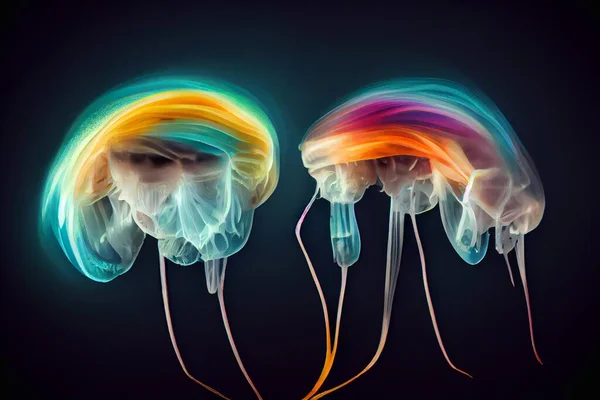 Rainbow Bioluminescent Jellyfish Black Background High Quality Illustration — Stockfoto