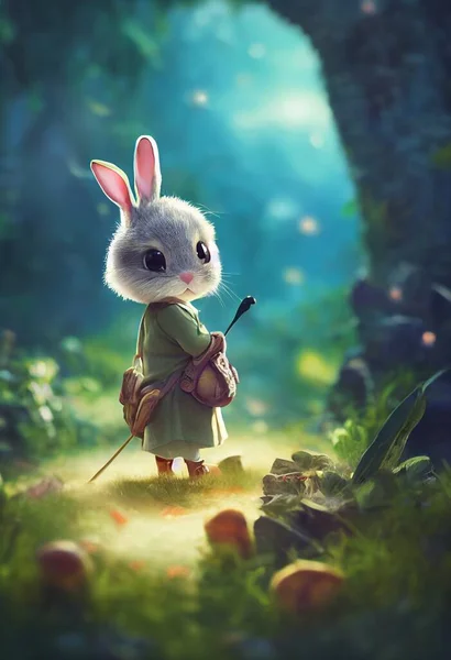 Little Cute Bunny Adventurer Fantasy Plant Clothes High Quality Illustration — Stock Photo, Image
