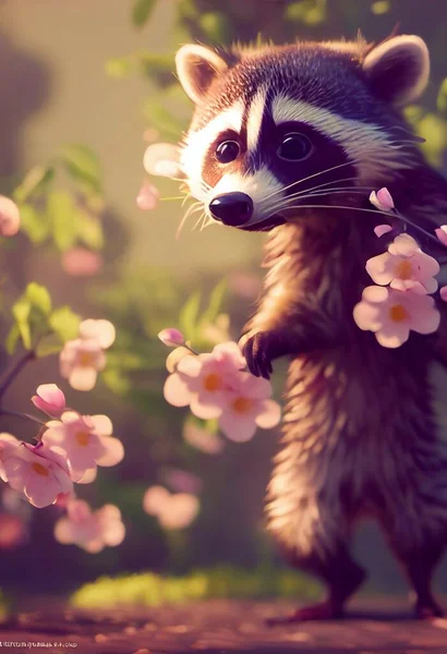 Tiny Adorable Raccoon Ofering Flower Sakura Bloomed Background Pixar Style — Φωτογραφία Αρχείου