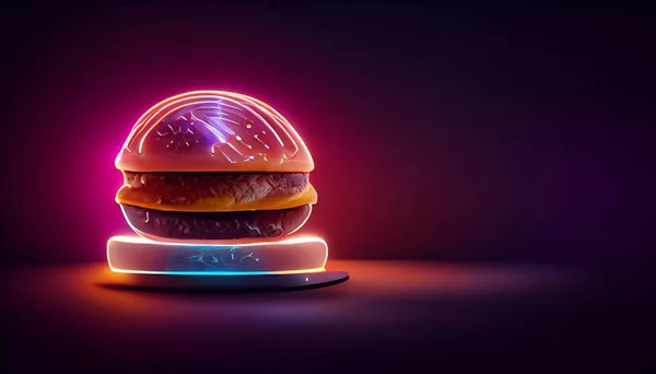 cyberpunk food, futuristic hamburger, neon light on isolated dark background . High quality illustration
