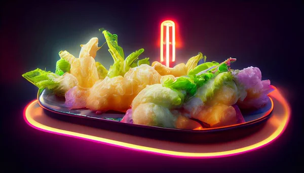 cyberpunk food futuristic tempura , japanese, chinese, asian food, neon light on isolated black background. High quality illustration