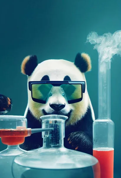 Retrato Científico Loco Panda Mezclando Químicos Laboratorio Usando Gafas Seguridad — Foto de Stock
