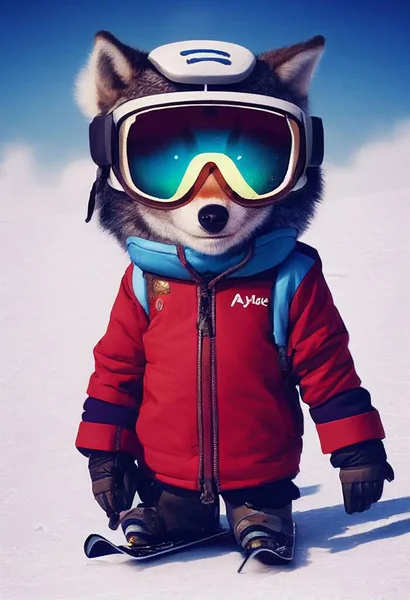 Tiny cute and adorable anthropomorphic wolf dressed as a ski instructor. High quality illustration