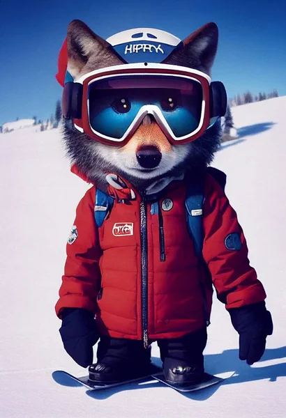 Lobo Antropomórfico Pequeno Bonito Adorável Vestido Como Instrutor Esqui Ilustração — Fotografia de Stock