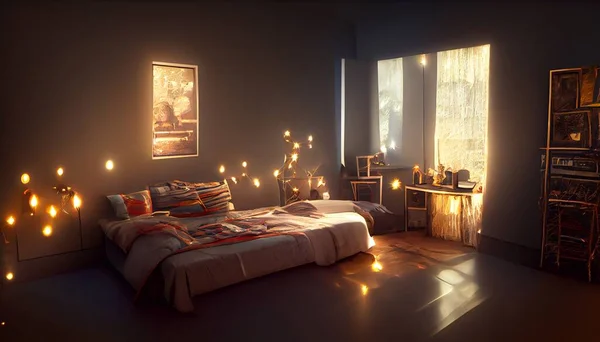 Cozy bedroom environment interior, string lights. High quality illustration