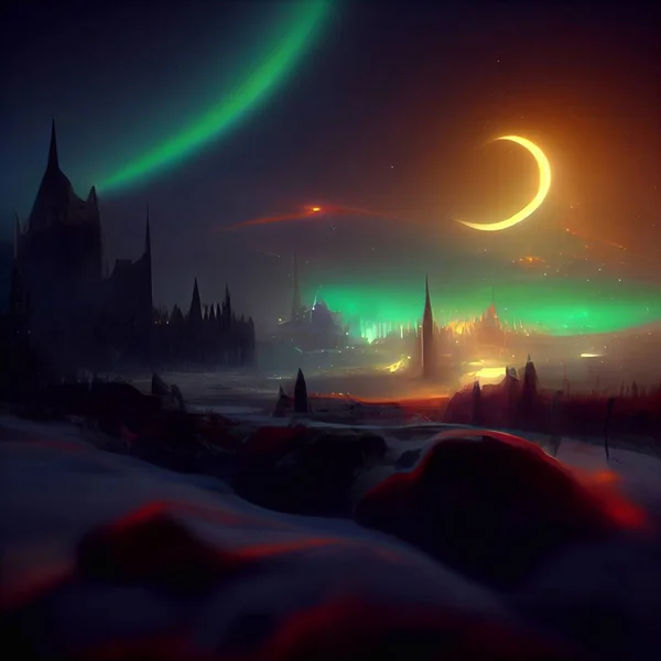 Ciudad Medieval Mágica Invierno Bajo Eclipse Polo Norte Aurora Ilustración — Foto de Stock