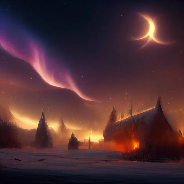 Medieval magic winter city under an eclipse, aurora north pole . High quality illustration