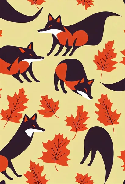 Fall theme seamless pattern foxes on beige background, autumn mood, bed linen collection . High quality illustration