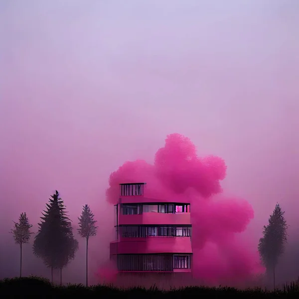 霧の中の通りピンクの雲に囲まれた建物 高品質の3Dイラスト — ストック写真