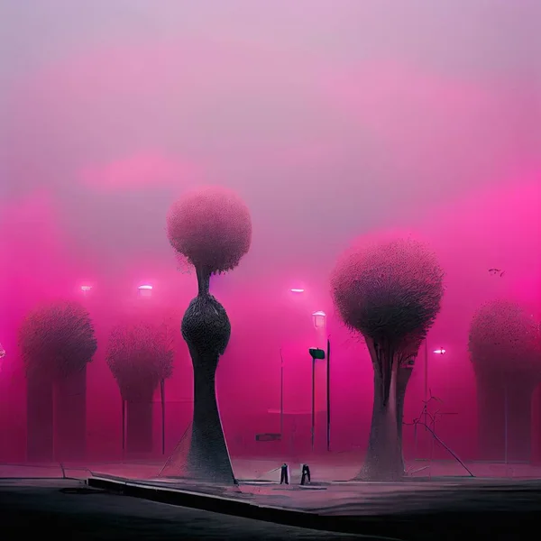 Улица Тумане Здание Окружено Розовыми Облаками Высокое Качество Иллюстрации — стоковое фото
